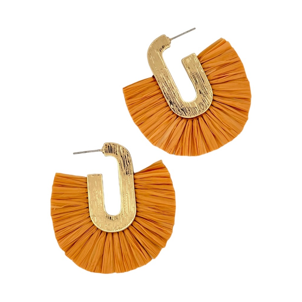 NWT Raffia Statement Earrings - Yellow and Brushed Gold Tone Boho Fan Earrings